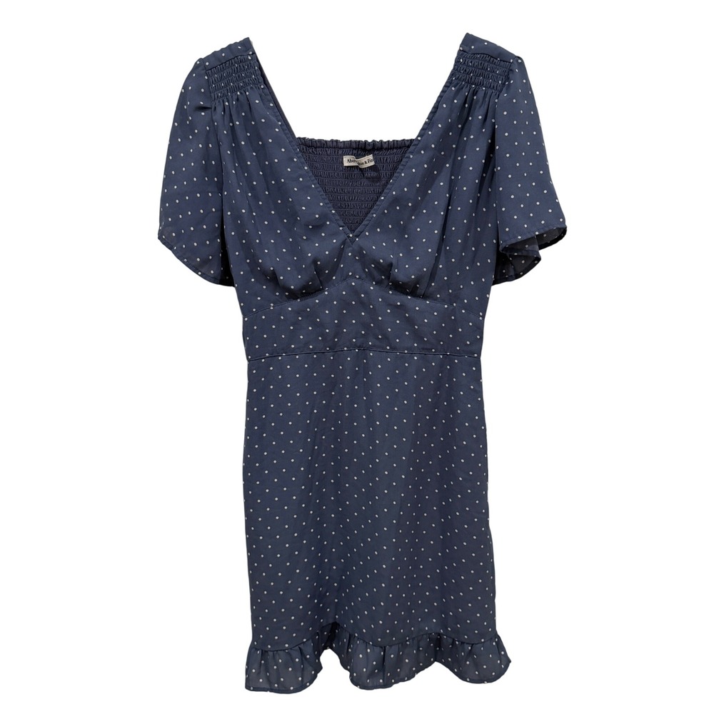 Abercrombie‎ & Fitch Blue Polka Dot Smocked V-Neck Ruffle Mini Dress XS